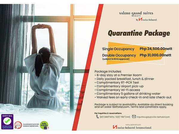Quarantine Package - 5 Nights
Valero Grand Suites by Swiss-Belhotel Makati